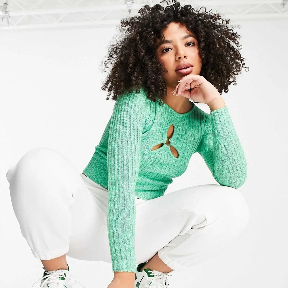 ASOS Design Petite Green Knotted Cutout Floral Long Sleeve Sweater - Picture 2 of 9